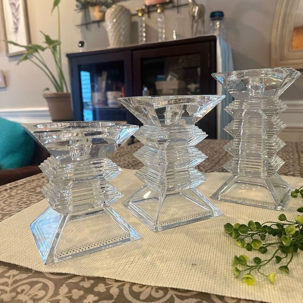 Shannon Crystal Pagoda Design 3 pc 24% Lead Crystal Pillar Candle Holders NEW‎